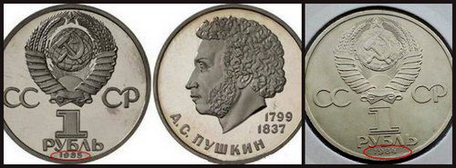 1 рубль "Пушкин" с неправильной датой